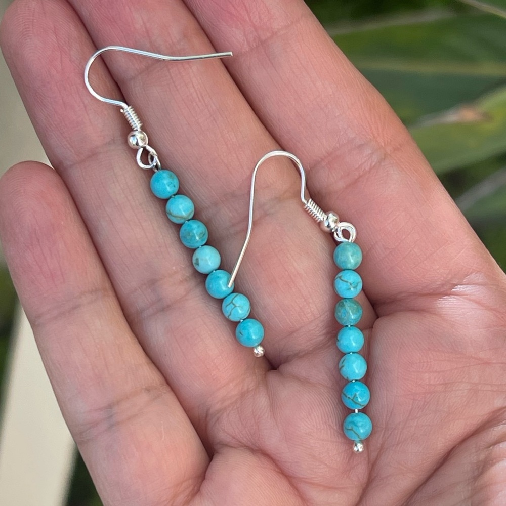 Howlite turquoise 4 mm bead silver drop earrings - Picture 6 of 8